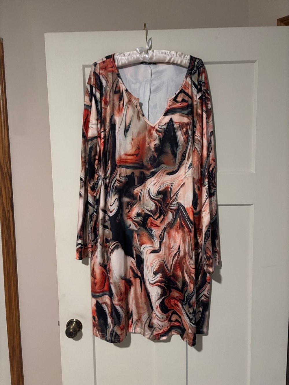 BUNDLE AND SAVE Abstract Marble Print Long Sleeve Dress in Coral & Black
